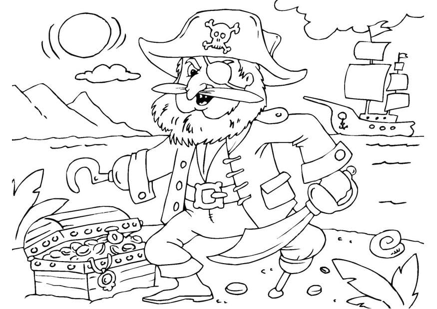 Kleurplaat piraat met schatkist