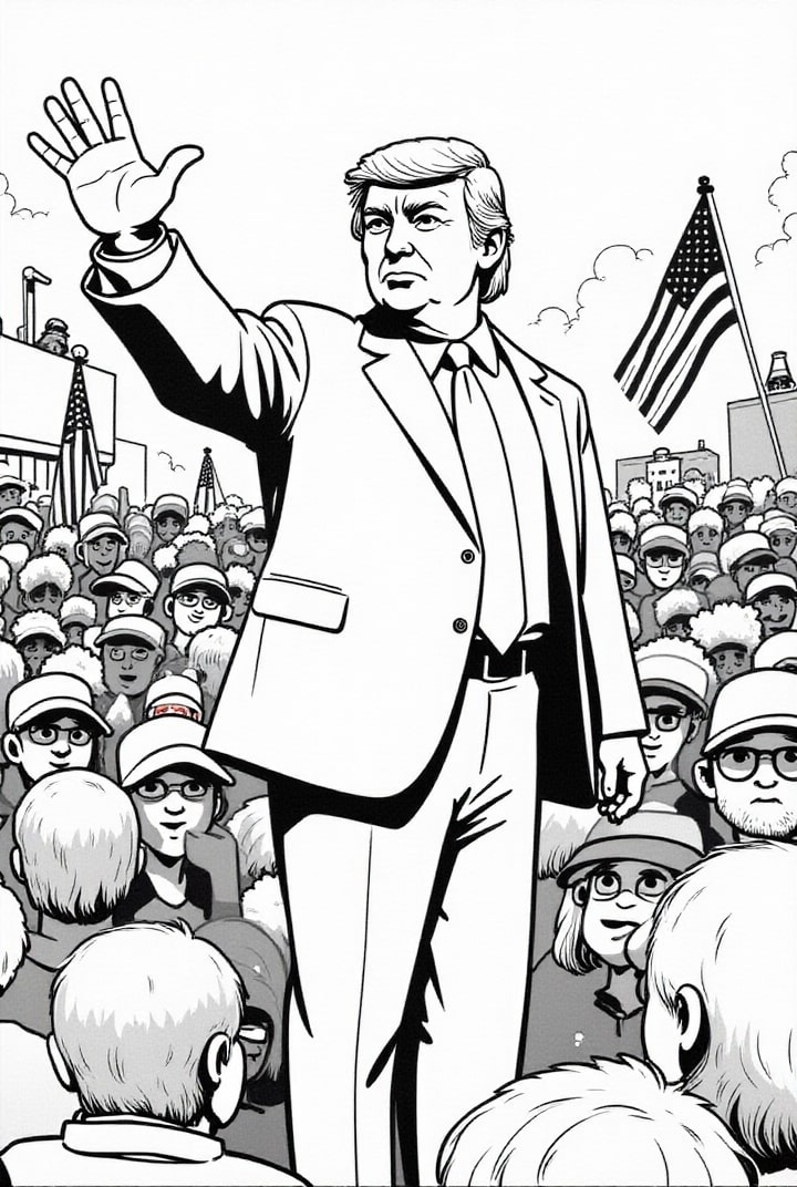 Kleurplaat President Donald Trump met aanhangers