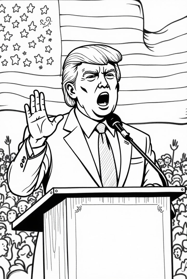 Kleurplaat President Donald Trump spreekt mensen toe