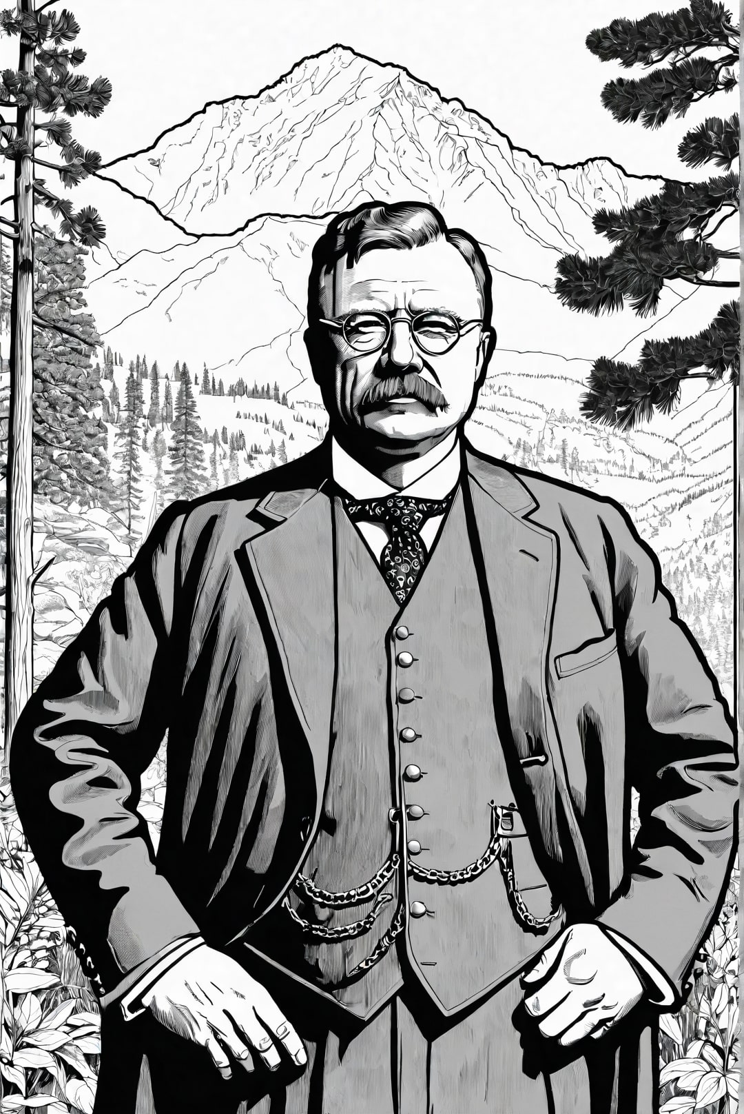 Kleurplaat President Theodore Roosevelt in een natuurpark
