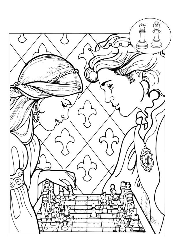Kleurplaat prins en prinses schaken