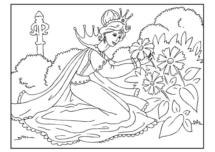 Kleurplaat prinses plukt bloemen