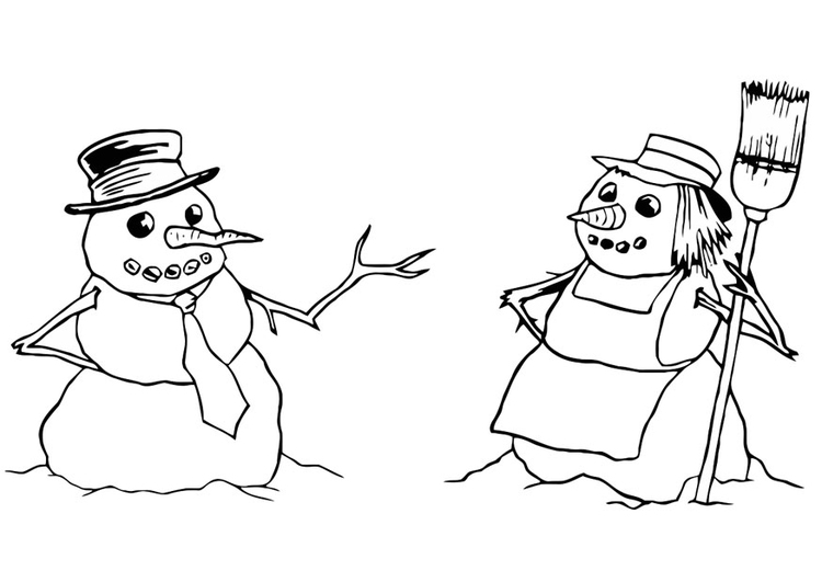 Kleurplaat sneeuwman en sneeuwvrouw 