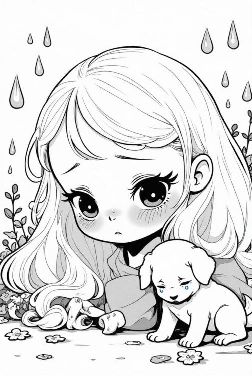 verdrietig meisje met hondje