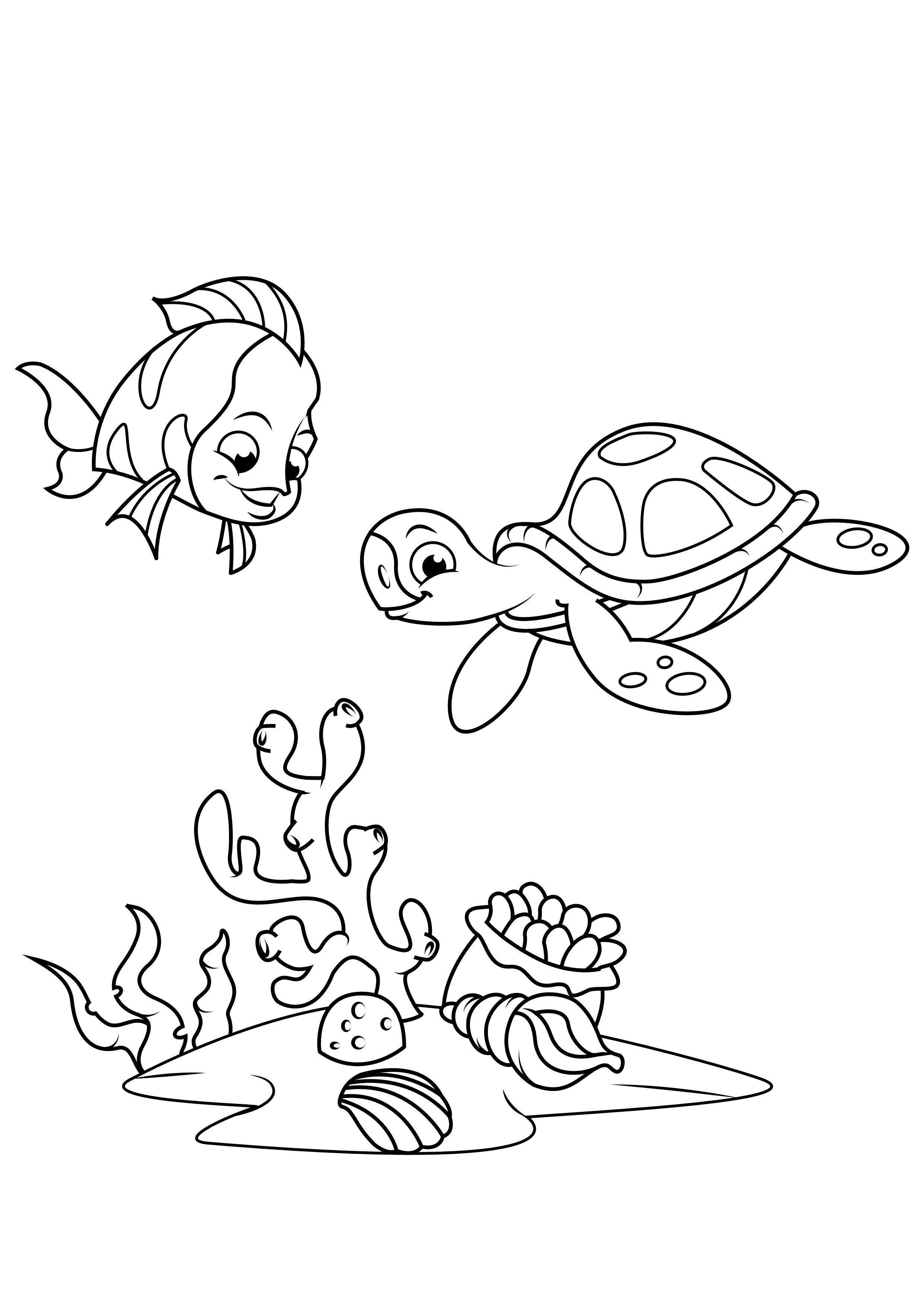 Kleurplaat vis en waterschildpad
