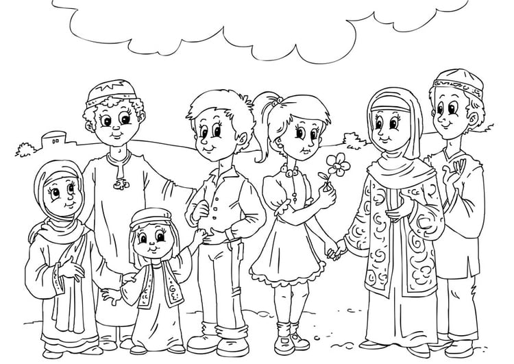 Kleurplaat Westerse kinderen in Moslim cultuur
